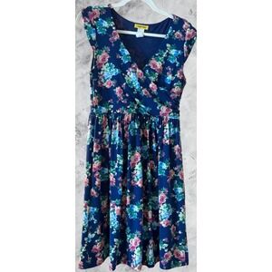 Yellow Star Navy Blue Floral V-Neck Faux Wrap Fit Flare Dress Womens Medium